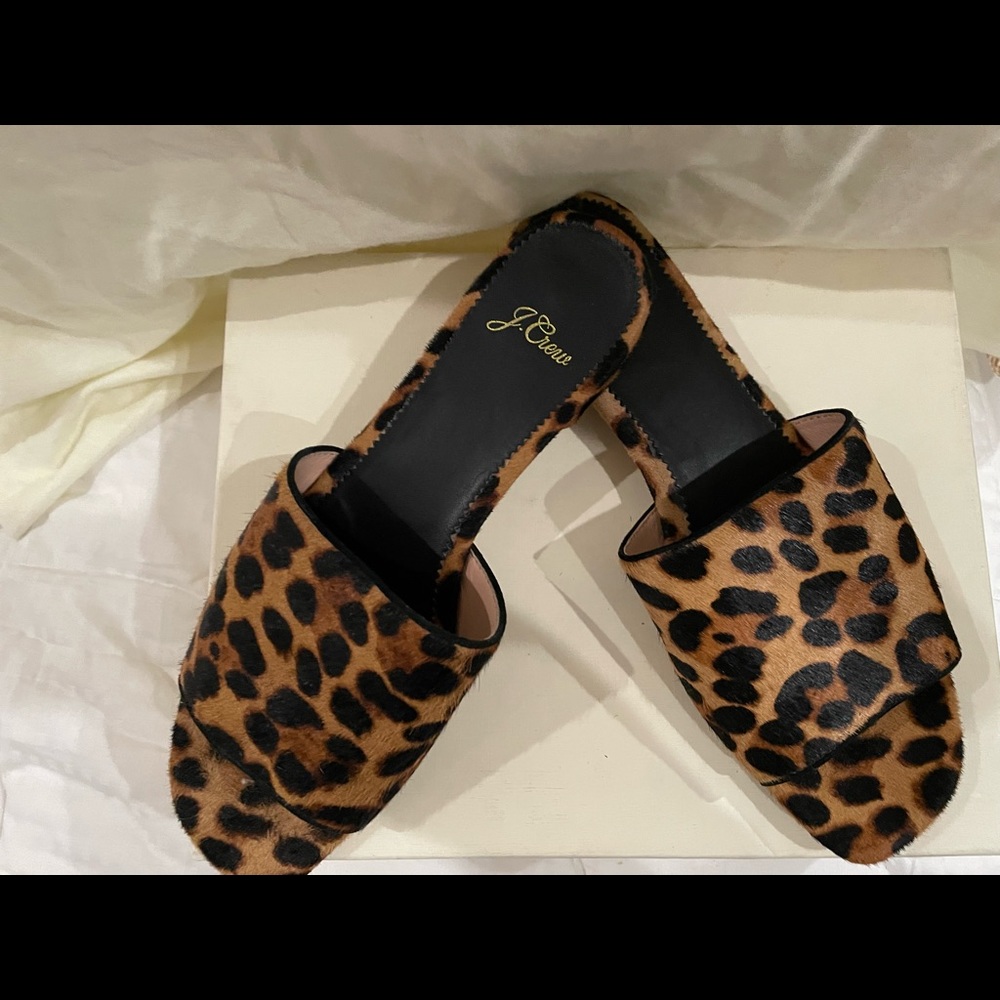J Crew Flat pony leopard print sandals